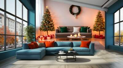 Interior of living room with glowing lights, sofa and Christmas trees Wall mural