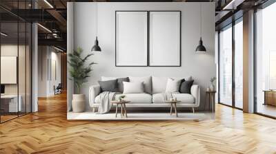 Interior poster mock up with two vertical frames hanging over a sofa in scandinavian style livingroom. 3d rendering. Wall mural