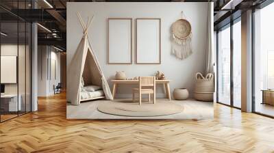 Mock up frame in children room with natural wooden furniture, Scandi Boho style interior background, 3D render Wall mural