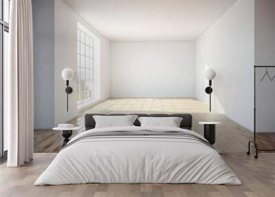 Modern sunny empty loft room with white wall and wooden floor 3D Render Wall mural