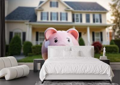 Real estate sale, home savings, loans market concept. Housing industry mortgage plan and residential tax saving strategy. Piggy bank isolated outside home on background. Focus on piggybank. Wall mural