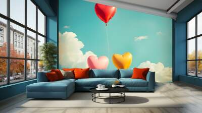 Retro love balloons on blue sky Wall mural