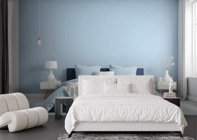 Sky blue or pale pastel tone bedroom with a blue navy bed. Empty painted wall for art. Mockup light background interior design rich home or hotel. Accent color trend. 3d rendering Wall mural