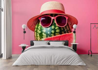 Summer times of funny attractive watermelon in stylish sunglasses with hat on pink background. minimal fruit concept. Creative idea foods and drinks that are typically enjoyed at summer festivals Wall mural