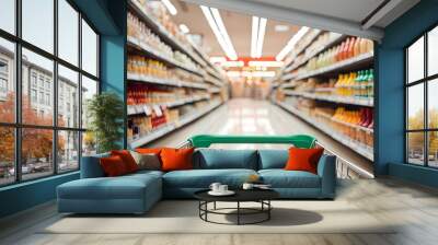 supermarket shelves aisle with empty shopping cart defocused interior blur bokeh light background Wall mural