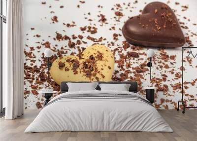 View of two chocolate hearts on a white background, close-up. Valentine's Day concept Wall mural