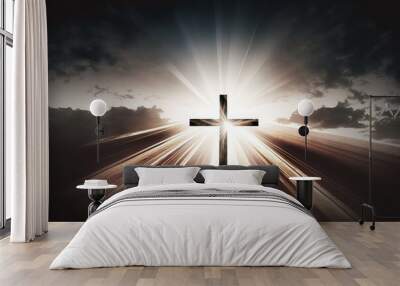 croix chrétienne en contre jour dans la lumière avec rayons du soleil et ciel nuageux, image religieuse Wall mural