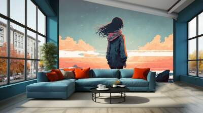 fille face à la mer,illustration de peinture numérique Wall mural