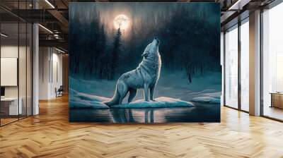 illustration de loup blanc qui hurle à la pleine lune dans une forêt enneigée Wall mural