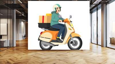 Courier riding orange scooter delivering package with copy space
 Wall mural