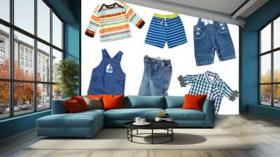 Baby boy clothes collage. Male kid's wear set. Wall mural