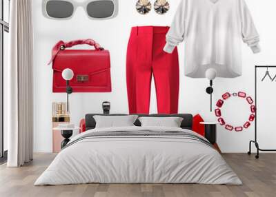 Beautiful red white colors women's clothes set isolated on white. Female clothing collection. Wall mural