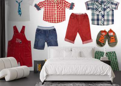 boy kid clothes isolated on white.set of male child clothing. Wall mural