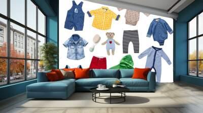 Colorful male baby clothes isolated set. Infant boy apparel, clothins collection. Newborn stuff. Wall mural