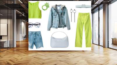 Fashion bright female denim clothes. Lemon green color women's wear. Girl's modern clothing isolated. Wall mural