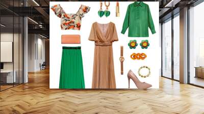 Fashion green brown women's clothing isolated. Girl's outfit. Trendy female clothes and accessories. Wall mural