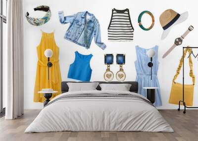 fashion women's clothes isolated set. blue yellow apparel collage. girls beautiful clothing.lady's c Wall mural