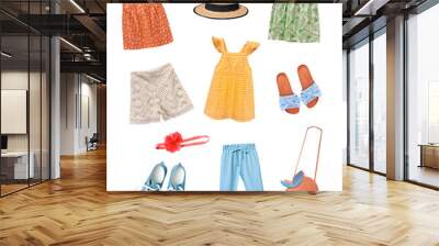 Kid's clothes set isolated.Child girl fashion clothing set.Collage of beautiful apparel. Wall mural