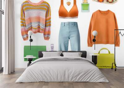 Orange green modern casual clothes isolated on white, set of bright spring female clothing. Women's apparel. Wall mural