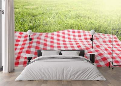 Picnic cloth on green grass background empty space. Wall mural