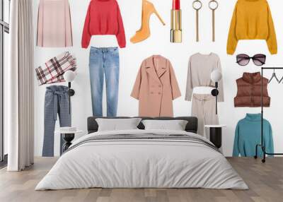 Women's clothes set isolated on white. Woman's garment. modern female wear collage. Collection of clothing and accessories. Wall mural