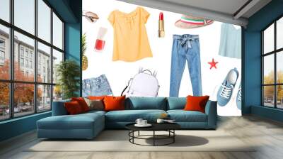 Women's clothes set isolated on white.Summer outfit,young girl clothing collection. Wall mural