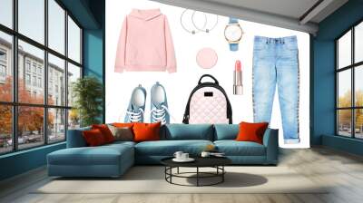 Women's clothes set.Girl's clothing collage isolated. Wall mural