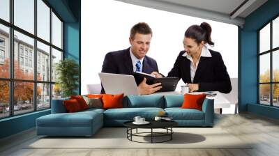 business people working together at desk, white background. Wall mural