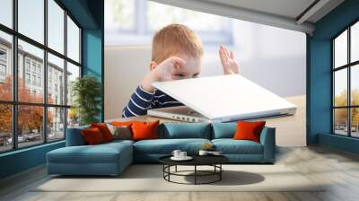 elfish little boy playing with laptop Wall mural