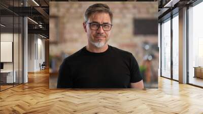 Happy middle aged good looking casual man at home, smiling. Portrait of mid adult, mature age man in glasses, Wall mural