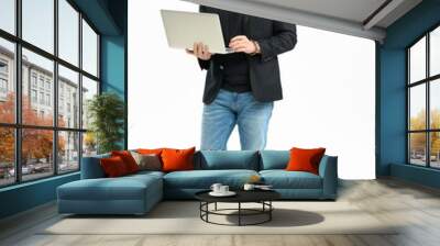 Middle age businessman in business casual using laptop computer. Entrepreneur in jeans and jacket. Mid adult, mature age man, happy smiling. Full length portrait isolated on white. Wall mural