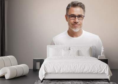 Portrait of happy casual older man smiling, Mid adult, mature age guy with gray hair in glasses, Isolated on white background, copy space. Wall mural