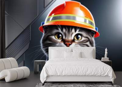 Adorable tabby cat wearing orange safety helmet with reflective stripes Wall mural