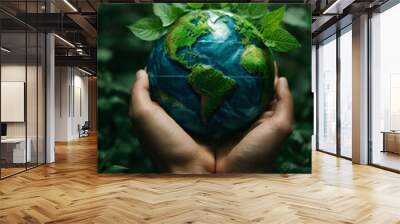 A close-up of a lush green landscape, with a pair of hands in the foreground, holding a globe of the Earth, representing the importance of Earth Day and the need to protect our environment. Save Earth Wall mural