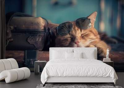 Cool cat relaxing in sunglasses on vintage luggage. AI Wall mural