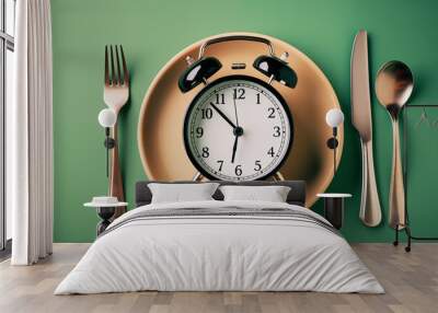 Alarm clock with fork and knife symbolizing time to eat Wall mural