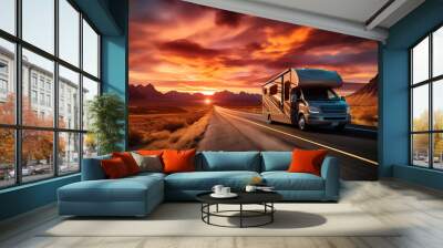 RV camper on highway at sunset Wall mural