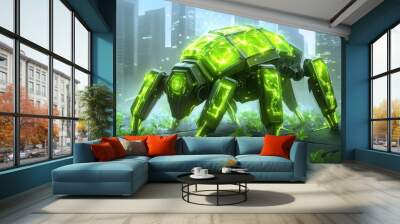 Futuristic green energy robot in urban nature setting Wall mural