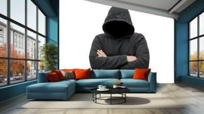 Mysterious faceless hooded anonymous criminal, silhouette of computer hacker, cyber terrorist or gangster isolated on transparent background Wall mural