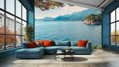 Picturesque summer view to Adriatic sea coast nea the villa Milocer with Royal beach in Montenegro, Amazing spot to visiting in Europe Wall mural