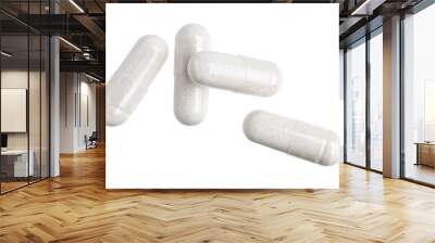 White gel medical capsules, group of vitamin supplement pills or drugs for treatment, isolated on transparent background, medicine and healthcare concept, top view Wall mural