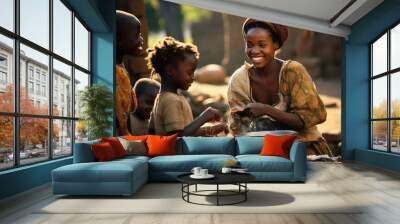 African woman and children preparing food on the street Wall mural