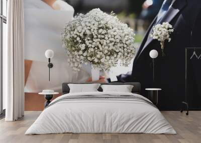 Bridal bouquet and a groom boutonniere of Gypsophila Wall mural