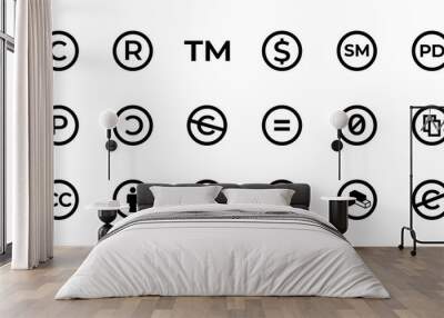 Licence and copyright sign set with trademark, creative commons, public domain and other icons Wall mural