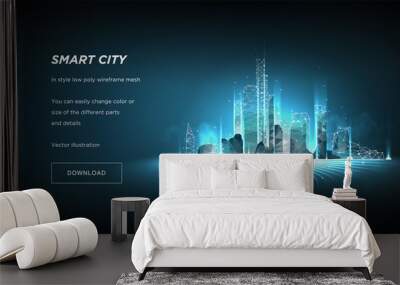 smart city low poly wireframe on blue background.city future abstract or metropolis.intelligent buil Wall mural