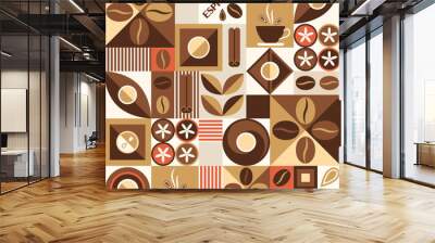 Coffee theme background with design elements in geometric style. Seamless pattern with icons, abstract shapes. Good for branding, decoration of food package, cover design, decorative print, background Wall mural