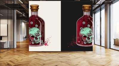 Hand drawn bottle of red potion with half of human skull, eyeballs, mushrooms inside. Halloween creepy illustration in vintage style on white, black background. Wall mural