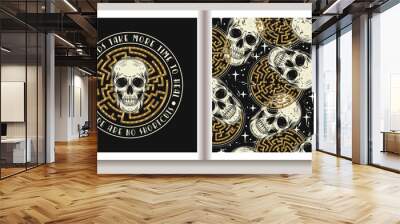 Label, pattern with human skull, labyrinth, text. Concept of mental health, wellness, expanded mind, psychic abilities. Mystical surreal illustration. For prints, clothing, t shirt, textile design Wall mural