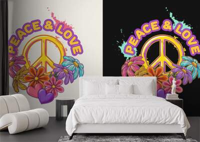 Label with peace sign, chamomile flower, hearts, paint splashes, text Peace and Love Good for groovy, hippie style Wall mural