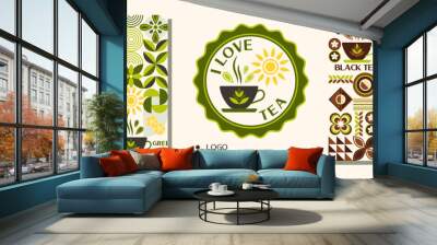 Logo, 2 tea themed seamless patterns for black and green tea. Icons, design elements in simple geometric style. Good for branding, decoration of food package, cover design, textile prints Wall mural